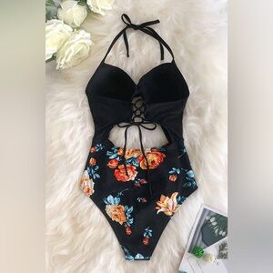 Black Floral One Piece l Small NWT